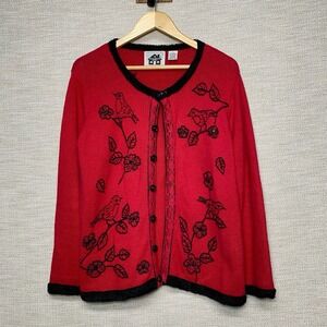 90s Storybook Knits Cardigan XS Womens Embroidered Red Grandma Retro